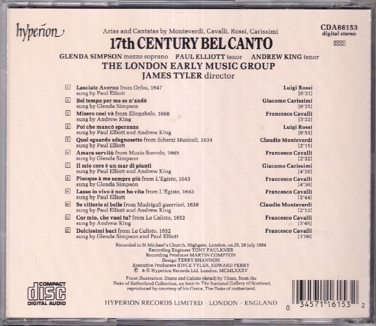 hyperion　「17th CENTURY BEL CANTO」　TYLER(指揮)　ロンドン・アーリー・ミュージックG_画像2