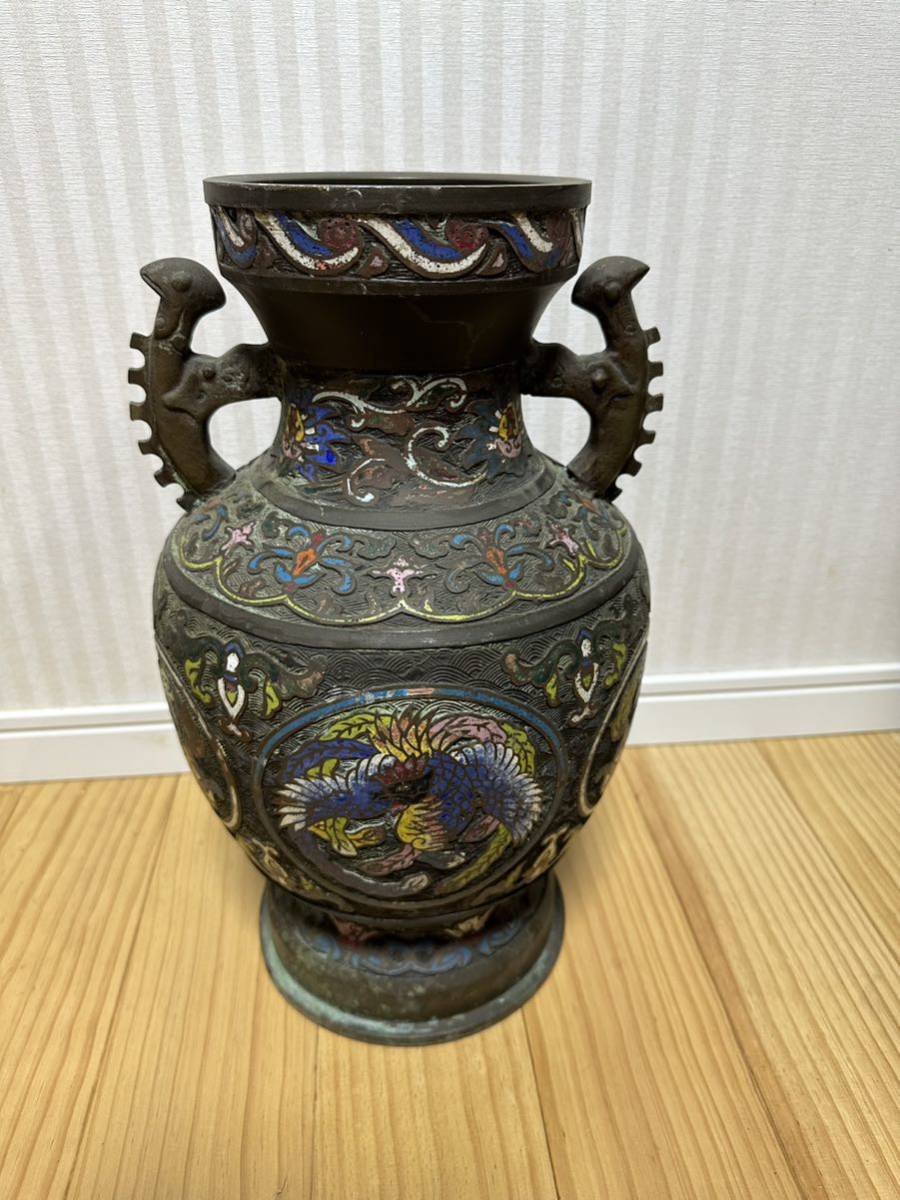 中古美術 七宝焼 龍鳳 飾壺 花瓶 七宝細工 銅七宝彫 古美術 花器 壺 双耳花瓶 アンティーク 重量:6.8kgの画像1