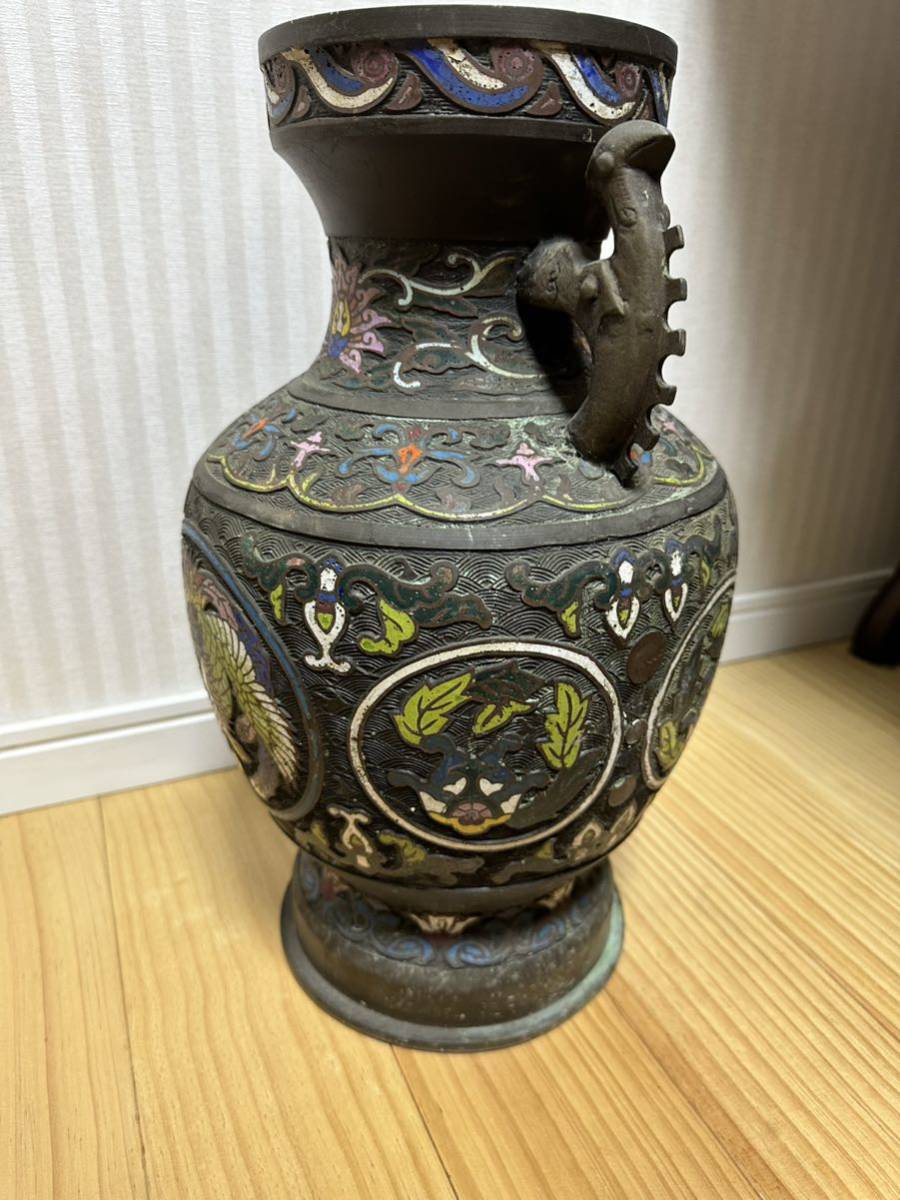 中古美術 七宝焼 龍鳳 飾壺 花瓶 七宝細工 銅七宝彫 古美術 花器 壺 双耳花瓶 アンティーク 重量:6.8kgの画像5