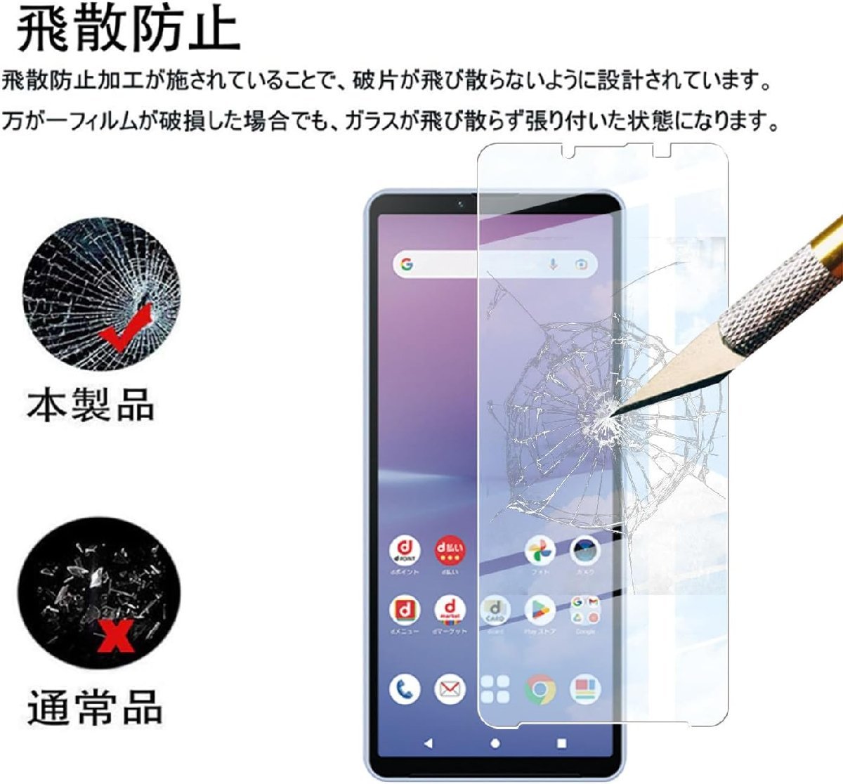 SONY Xperia 10 V SO-52D用 旭ガラス保護フィルム 高透過性 硬度9H 極薄 指紋 汚れ防止 飛散防止ラウンドエッジ加工 透明_画像4