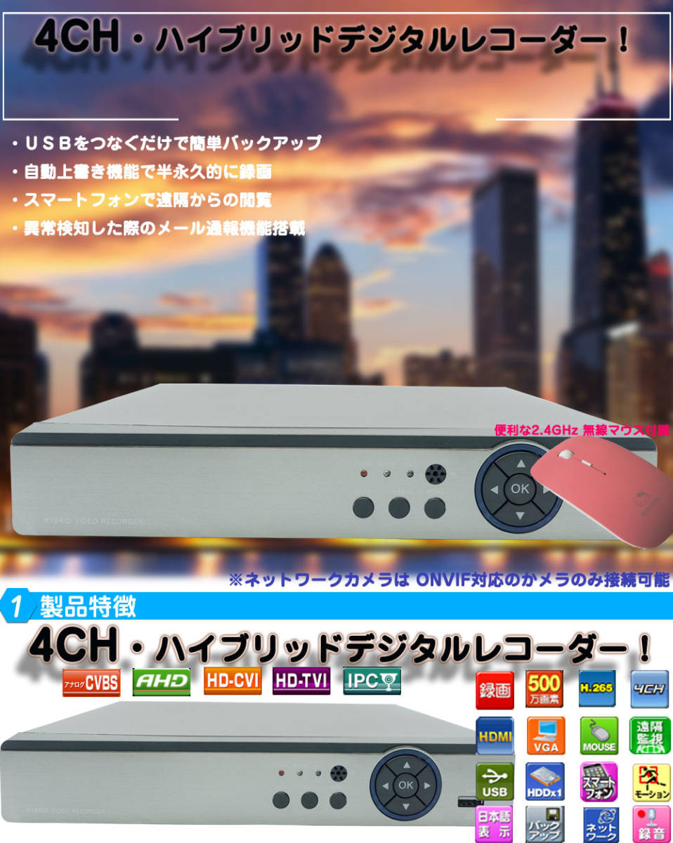 4chデジタルビデオレコーダーH.265 500万画素カメラ対応AHDシリーズ 多信号対応 遠隔監視対応 HDMI 最大8TB対応1080P 500W-N_画像2