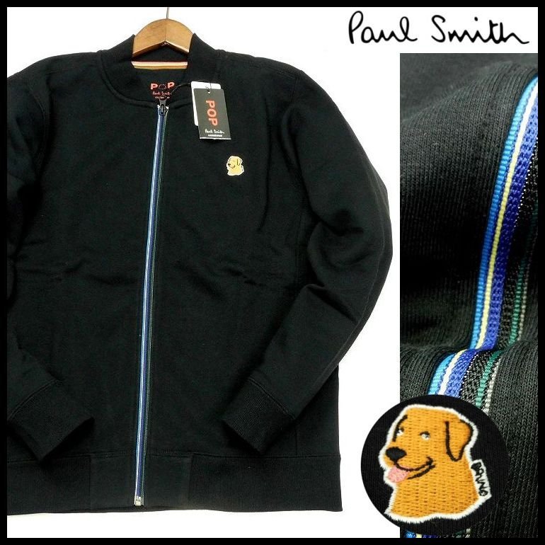 新品 1円～ 秋冬 ポールスミス アーティストストライプ M 黒 カラージップジャケット DOG(犬)刺繍 冬 Paul Smith POP メンズ 【B2485a】_画像1