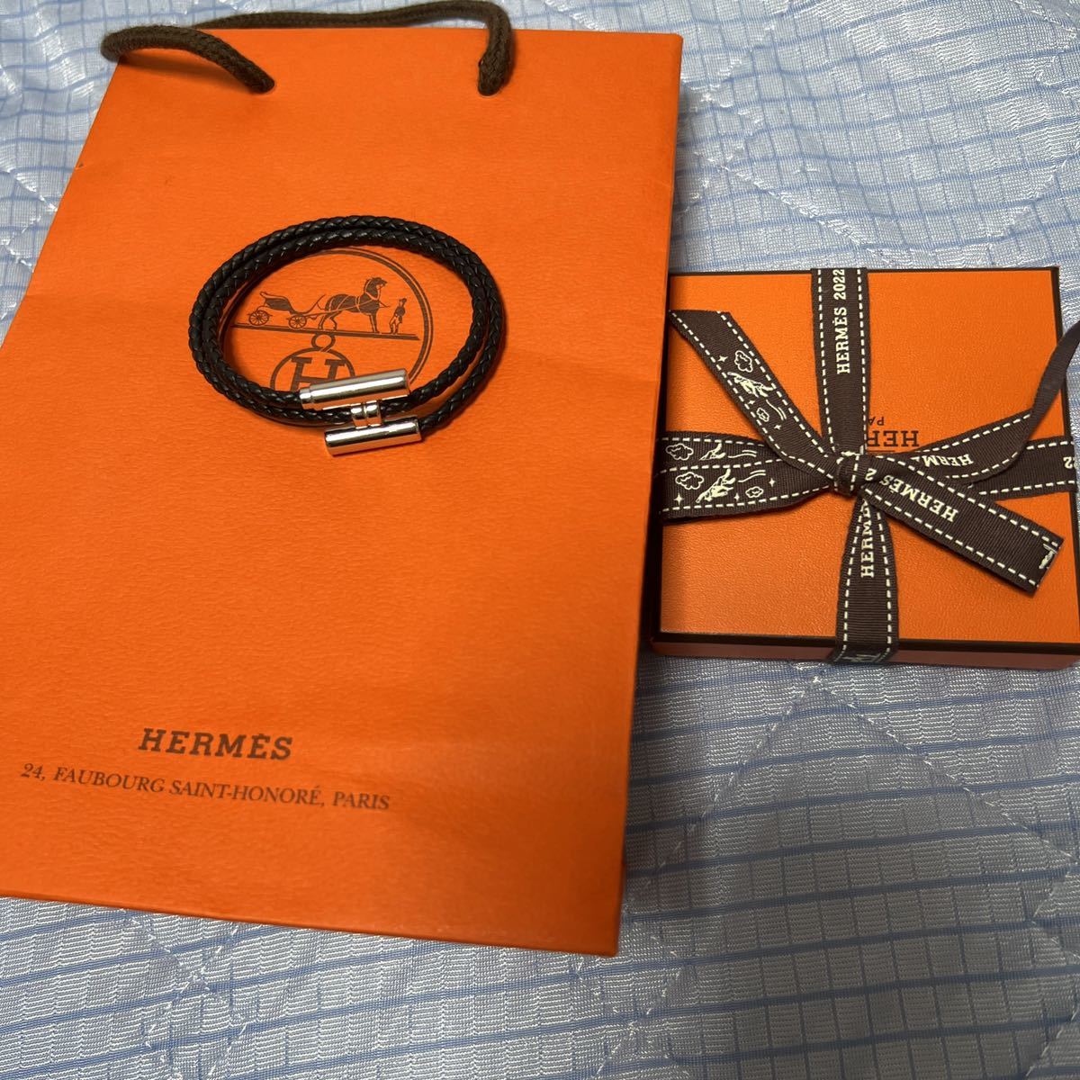 送料無料 HERMES エルメス TOURNIS TRESSE トゥルニス トレッセ ブレスレット レザー ブラック×シルバー金具 aq8790_画像2