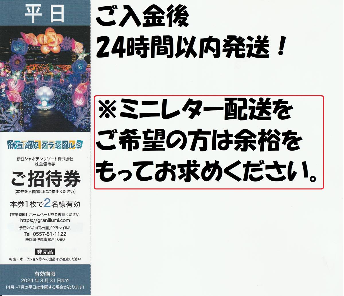 【平日】即発送＆複数枚対応OK 伊豆 グランイルミ シャボテンリゾート 株主優待 ぐらんぱる公園 中学生以上の大人2名 入場券 2024/6/30まで_画像1