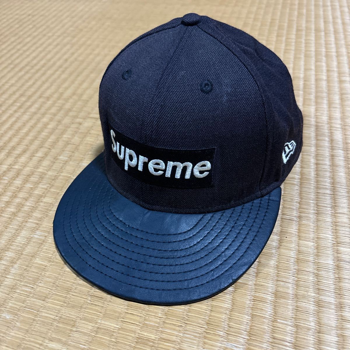 Supreme x NEW ERA コラボ box logo 刺繍 ウール レザー キャップ 59.6cm レア 帽子 ニューエラ_画像1