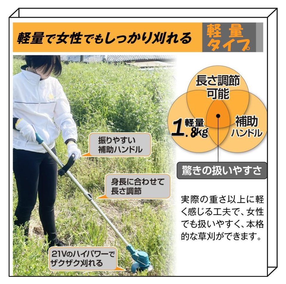 最新21V電動草刈り機 マキタバッテリー互換 雑草刈払機 コードレス伸縮式 枝切り 芝刈機 角度調整 [3種類の替え刃＆大容量バッテリー×2]付_画像5