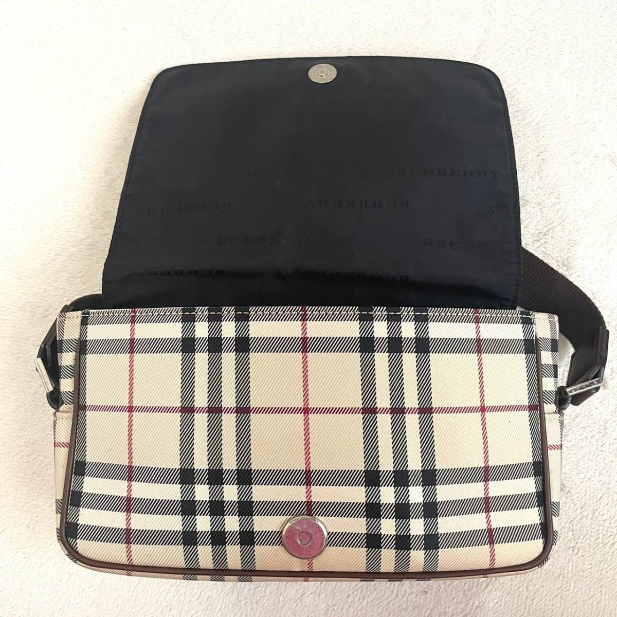 【美品】 バーバリー BURBERRY 2way ショルダーバッグ ノバチェック キャンバス ロゴプレート フラップ 斜め掛け 肩掛け レザー ビジネス