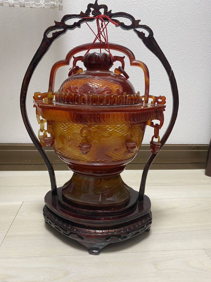 中国古玩 唐物 赤瑪瑙 彫刻 香炉 置物 高35cm 遊環 香炉 置物 煎茶飾 時代物 細密細工 古美術品