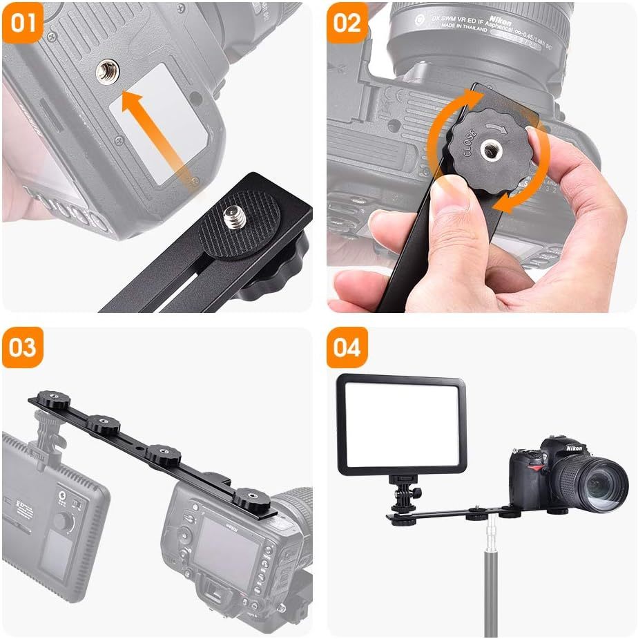 UTEBIT カメラプレート ホットシュー 付き 30.3cm 四台 取り付け可能 カメラブラケット 4つの1/4ネジ アルミ合金_画像5