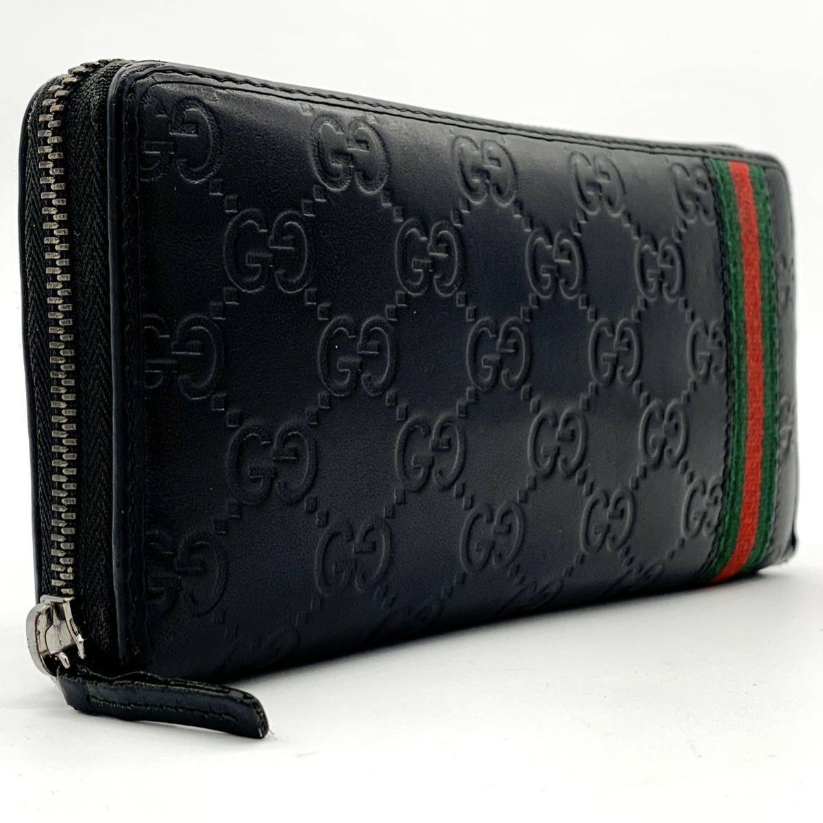 《稀少》GUCCI グッチ 長財布 GG シマ シェリーライン 長財布 ラウンドウォレット ジップ メンズ レディース ファスナー レザー ブラック_画像1