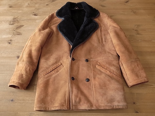  America old clothes Vintage mouton sheepskin sheep leather double jacket coat size L~XL corresponding 