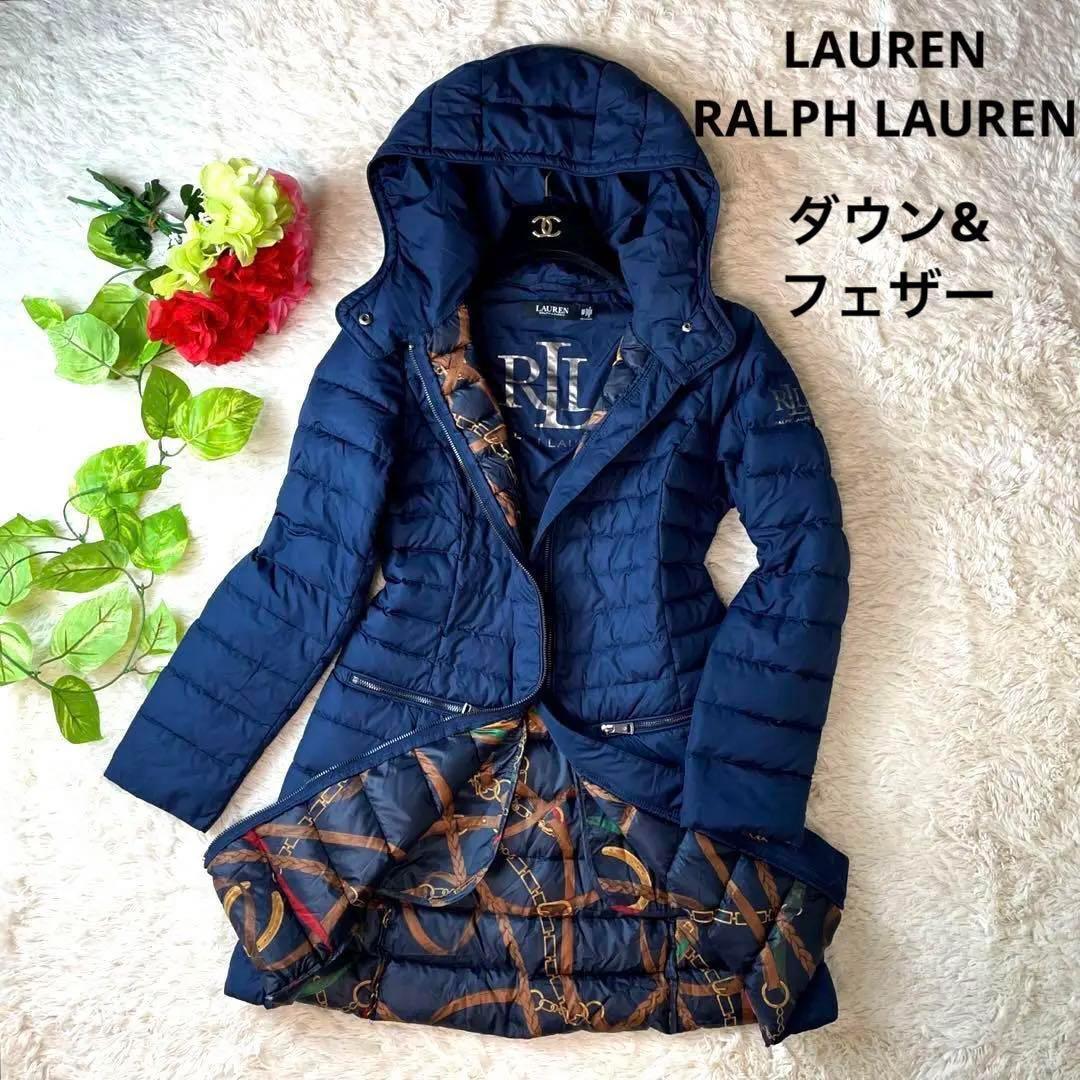 総柄★LAUREN RALPH LAUREN ラルフローレン　ダウンジャケット　ロングコート　スカーフ柄　大きいサイズ　青　紺　総柄　赤　金色　秋冬_画像1