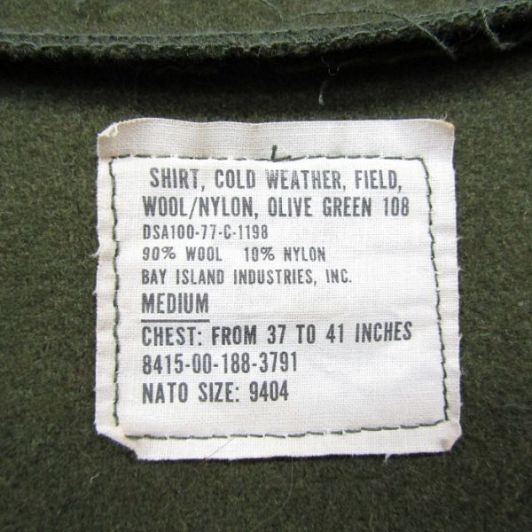 70s米軍実物 サイズ M U.S.ARMY ウール ユーティリティ コールドウェザー フィールド シャツ オリーブ ミリタリー 古着 ビンテージ 3N0706_画像4