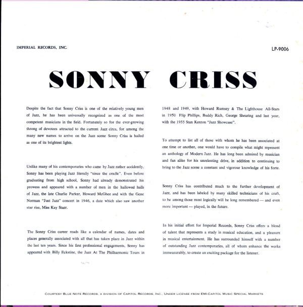 2005年 USプレスLP！200g重量盤 MONO盤 Sonny Criss / Jazz - U.S.A.【Imperial LP-9006】ソニー・クリス Barney Kessel , Kenny Drew_画像3