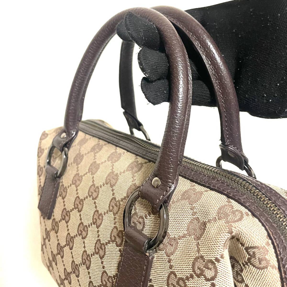 1円スタート！ 美品 GUCCI グッチ GG キャンバス レザー ブラウン ハンドバッグ ミニボストン ベージュ 腕かけ メンズ レディース 保存袋付_画像7