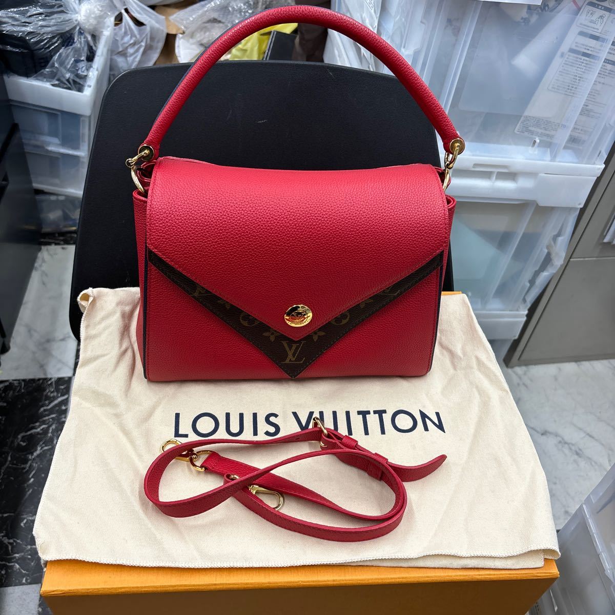 ルイ ヴィトン LOUIS VUITTON ドゥブル V 2Way ショルダー ハンドバッグ カーフスキン レザー モノグラム レッド M54624