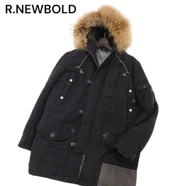 R.NEWBOLD ポールスミス リアルファー★ チェック柄 ウール ツイード N-3B フライト ジャケット モッズコート Sz.L　メンズ　I3T01780_A#N_画像1