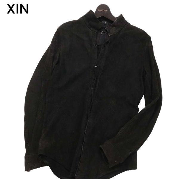 XIN ザイン 秋冬 羊革★ ラム スエード レザー 長袖 フック シャツ Sz.2　メンズ 黒　I3T02112_B#N_画像1