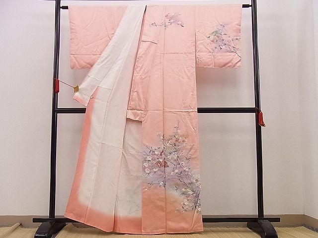 平和屋野田店■訪問着　扇面鴛鴦枝花文　暈し染め　金彩　逸品　n-hj6651_画像2