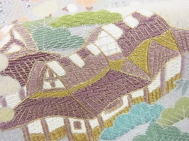 平和屋野田店■訪問着　作家物　スワトウ刺繍　飛鶴風景花文　金糸　逸品　n-gh3852_画像6