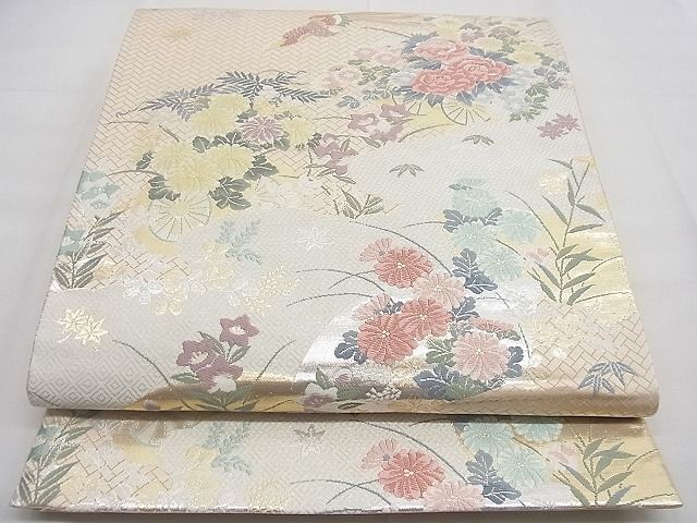 平和屋野田店■六通柄袋帯　唐織　華山　花車尾長鳥文　金銀糸　逸品　n-gh3987_画像1