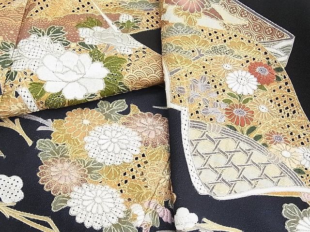 平和屋野田店■豪華黒留袖　スワトウ刺繍　誰が袖吹き寄せ文　金銀糸　本金箔　逸品　n-yc4126_画像1