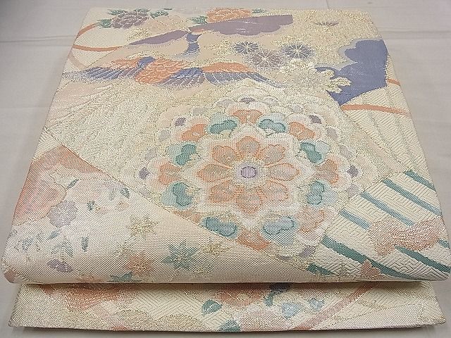 平和屋1■佐賀錦　六通柄袋帯　扇面孔雀花文　金銀糸　逸品　vf6173_画像1