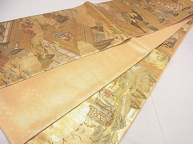 平和屋1■西陣　全通柄袋帯　洛中洛外図　金糸　反端付き　逸品　hy9018_画像8