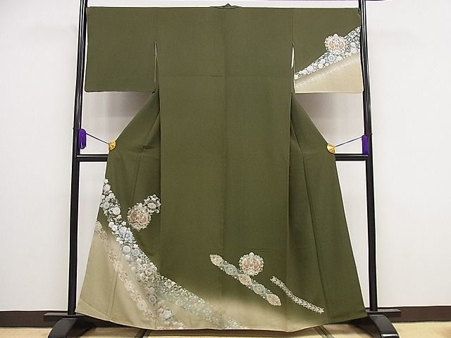 平和屋1■訪問着　向かい鳥花唐草文　暈し染め　金銀彩　逸品　tx9545_画像1