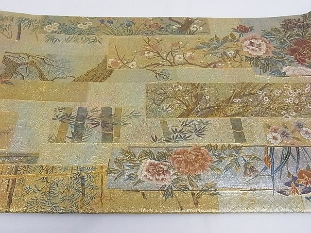 平和屋-こころ店■西陣あさぎ　全通柄袋帯　近代花鳥画　日本美術名鑑　24Kプラチナ箔　正絹　逸品　B-jd3921_画像4