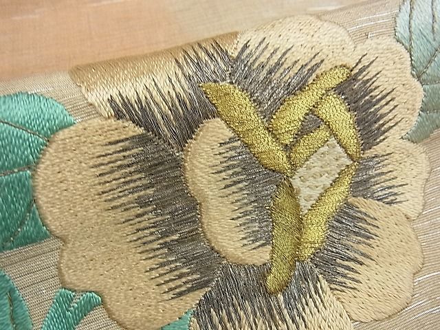 平和屋2■アンティーク　大正ロマン　九寸名古屋帯　総刺繍　洋花文　金糸　逸品　tw3828_画像5