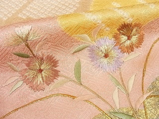 平和屋-こころ店■極上　訪問着　駒刺繍　絞り　松　草花　金糸　金彩　着丈163cm　裄丈66cm　正絹　逸品　A-ck6086_画像6