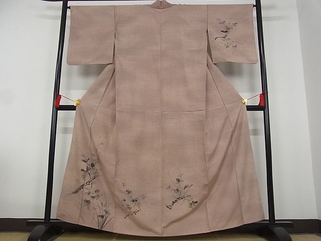 平和屋-こころ店■訪問着　手描き　紬地　葡萄蔦の葉文　金彩　着丈159cm　裄丈65cm　正絹　逸品　1B-wt044_画像1