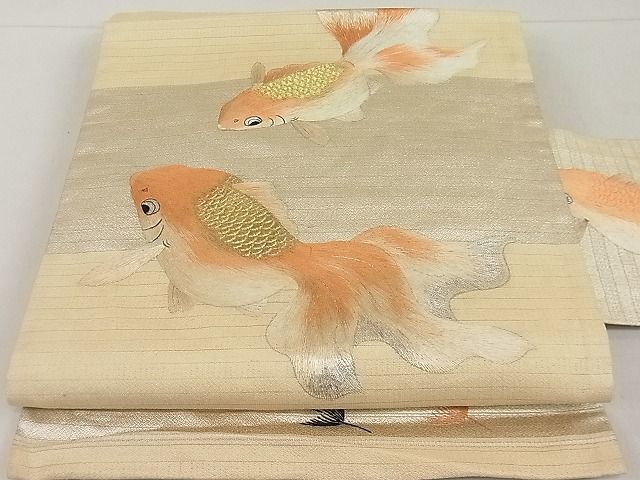  flat peace shop 1# finest quality summer thing antique Taisho romance 9 size Nagoya obi total embroidery hand embroidery goldfish gold silver thread excellent article 3s20921