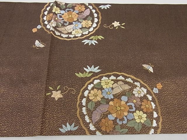 平和屋2■極上　袋帯　総刺繍　舞蝶鳳凰花絵皿　金糸　逸品　1ps1139_画像9