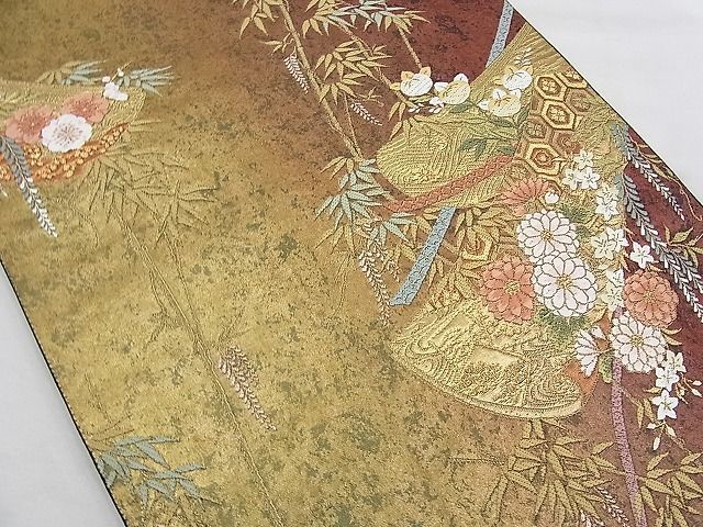 平和屋野田店■六通柄袋帯　唐織　誰が袖草花文　金糸　逸品　n-ea0507_画像2