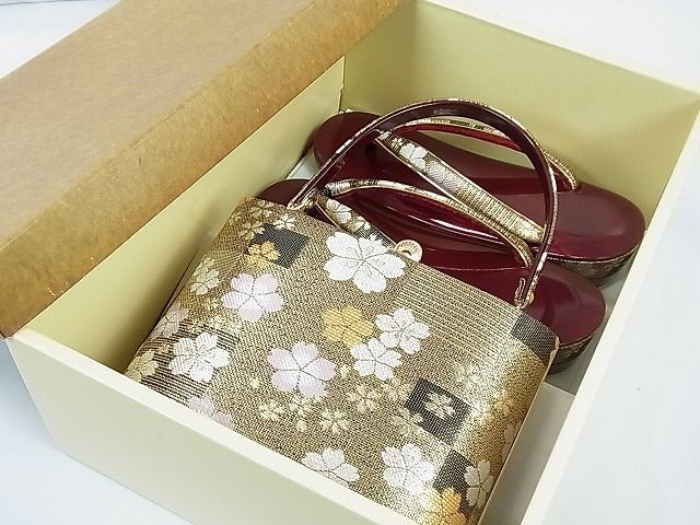 平和屋1■和装小物　バッグ・草履セット　市松舞桜文　金銀糸　草履サイズ：Ｍ　逸品　ju3757_画像9