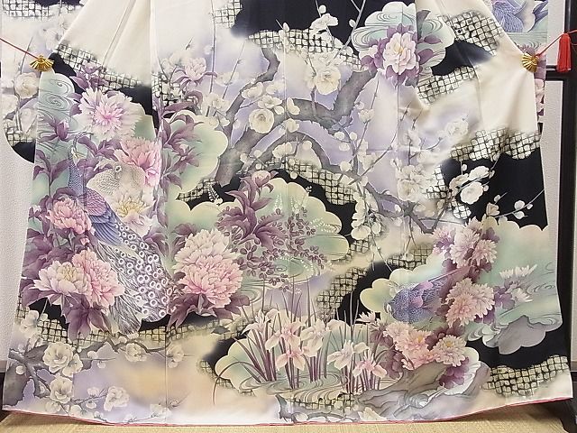 平和屋野田店■豪華振袖　駒刺繍　流水孔雀草花文　暈し染め　銀彩　逸品　n-je3820_画像3