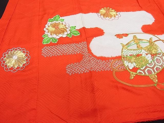 平和屋1■女の子　祝着　産着　初着　長襦袢セット　のしめ　お宮詣り　駒刺繍　絞り　糸巻き花文　逸品　ut5541_画像4