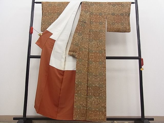 平和屋野田店■上質な小紋　更紗動物天井花文　鬼しぼ縮緬　逸品　n-fw4138_画像3