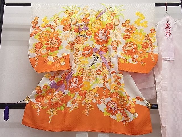 平和屋1■女の子　祝着　産着　初着　長襦袢セット　のしめ　お宮詣り　刺繍　花鳥文　金彩　洗える着物　ut5548_画像1