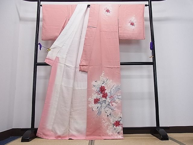 平和屋1■訪問着　孔雀草花文　暈し染め　金銀彩　逸品　ua5435_画像2