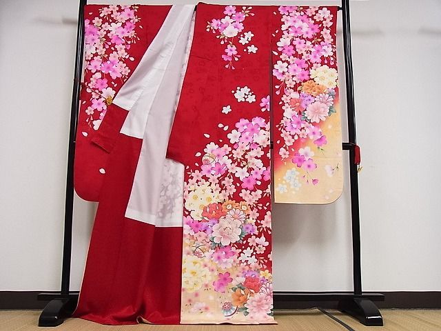 平和屋-こころ店■anan　振袖　枝花文　暈し染め　金糸　ロング丈　着丈172cm　裄丈71cm　正絹　逸品　B-ph8511_画像2