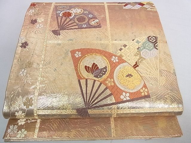 平和屋2■六通柄袋帯　遊彩唐織　扇面花蝶文　引箔　金糸　逸品　ic8978_画像2