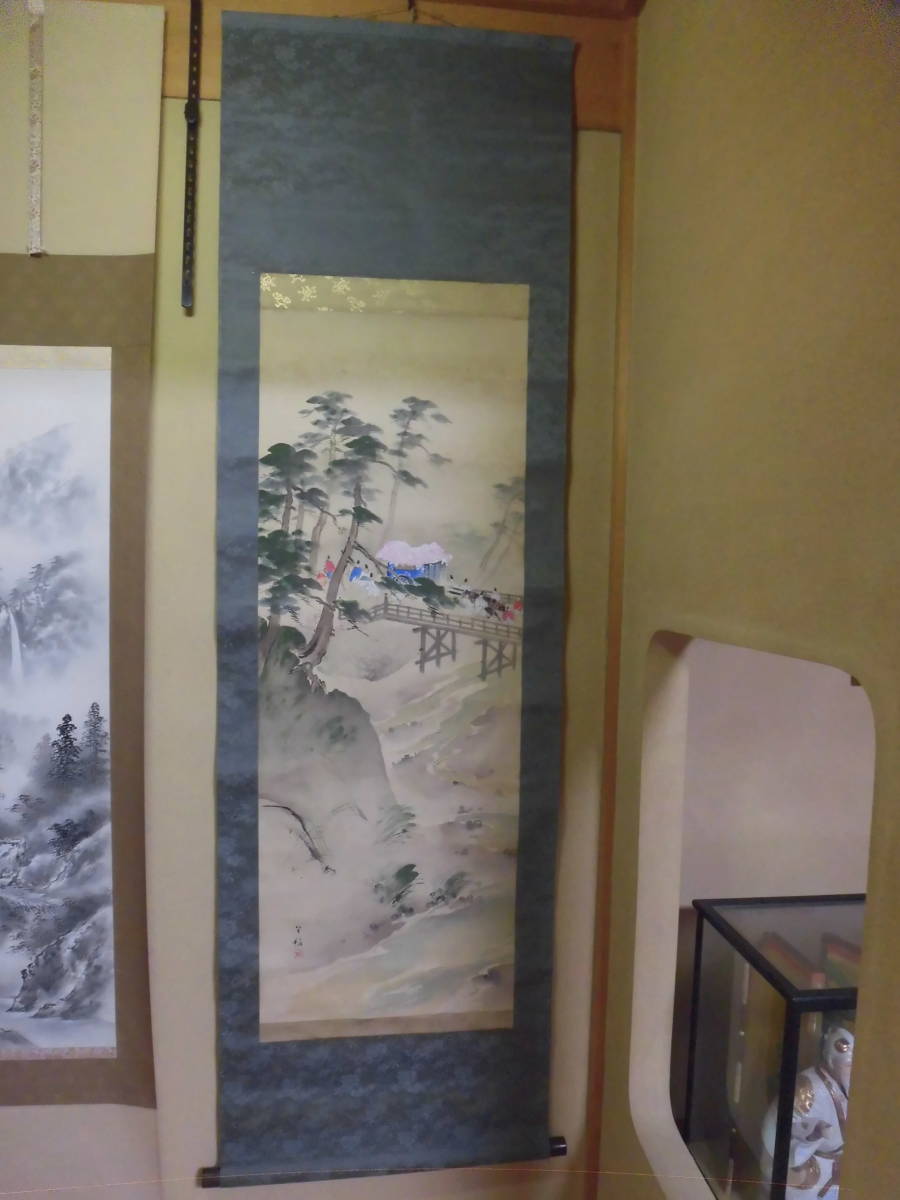 模写 尾張名古屋の画家　森村宜稲 御所車行列の掛け軸　大和絵の掛軸　山車祭礼　小寺稲泉の師匠　公家_画像1