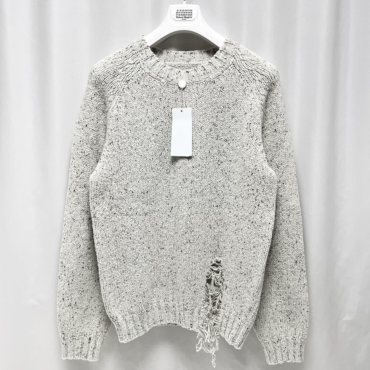 L 新品 メゾンマルジェラ ダメージ 加工 ニット セーター デストロイ 白 Distressed Sweater ディストレステッド セーター ホツレ Margiela