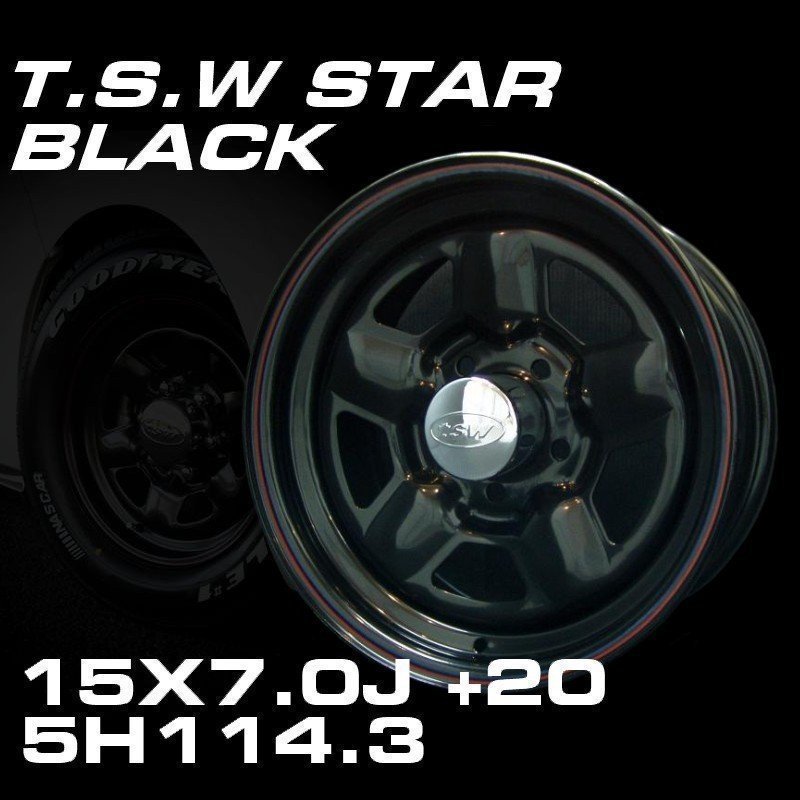 スター 15インチ ホイールセット 4本 TSW STAR ブラック 15X7J+20 5穴 114.3（100系ハイエース Y30 ハイラックス 130クラウン）_画像2