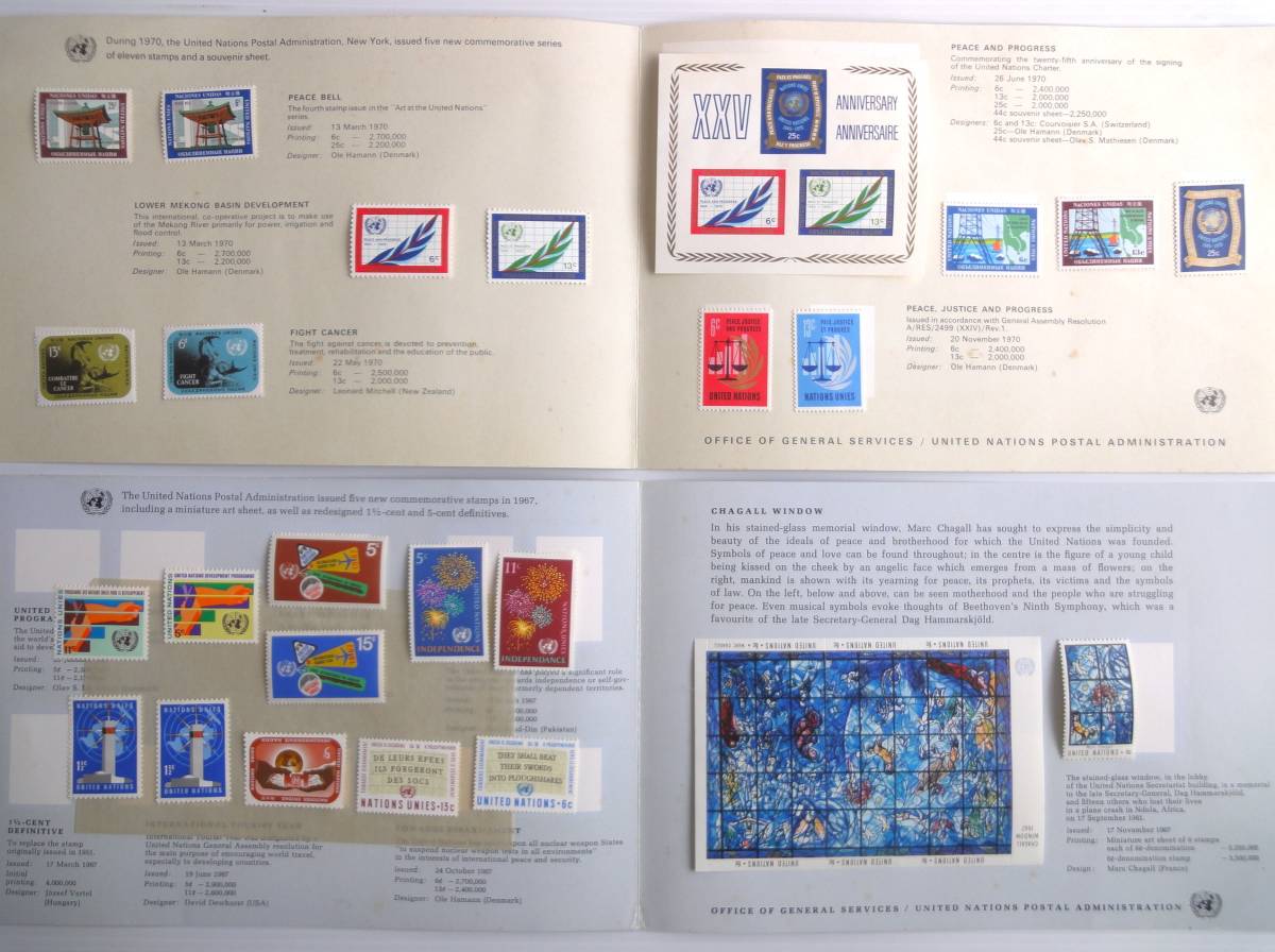 4点 UNITED NATIONS 冊子 国連 未使用切手 1970年代 25周年アニバーサリー、シャガール、パブロ・ピカソ 国連寄宿学校 NY、ジュネーブ発行_画像3