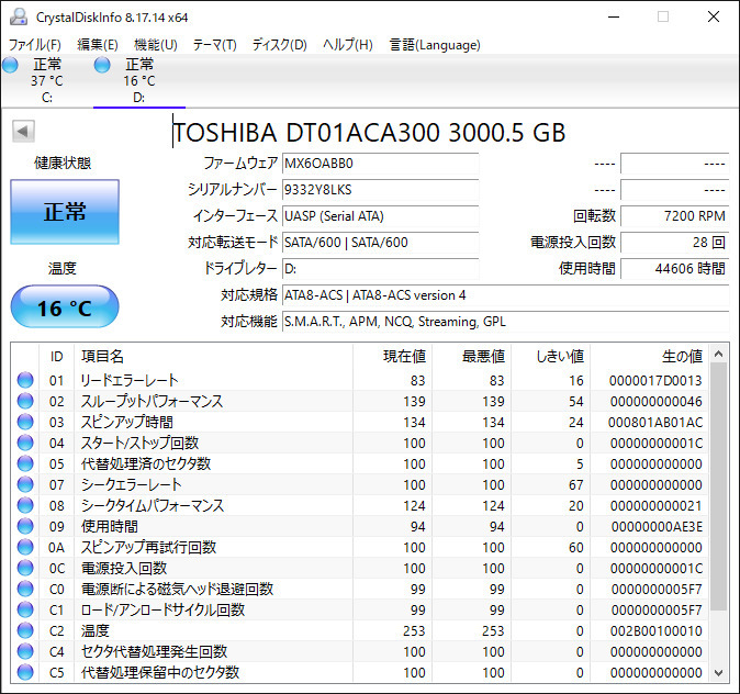 ★ 3TB ★　TOSHIBA　/　DT01ACA300　【使用時間：44606ｈ】　3.5インチ内蔵HDD　SATA/7200rpm　東芝_画像1