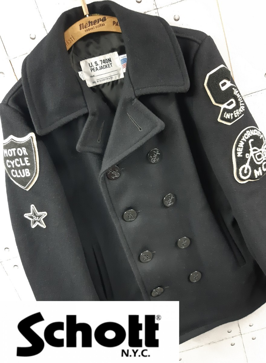 SCHOTT USA製 ワッペン Pコート 上野商会 MOTOR CYCLE CLUB ショット 10 WEST 33RD U.S.740N PEA JACKET ジャケット ピーコート_画像1